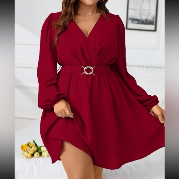 Plus size burgundy surplice neck lantern sleeve belted dress - Picture 2 of 15
